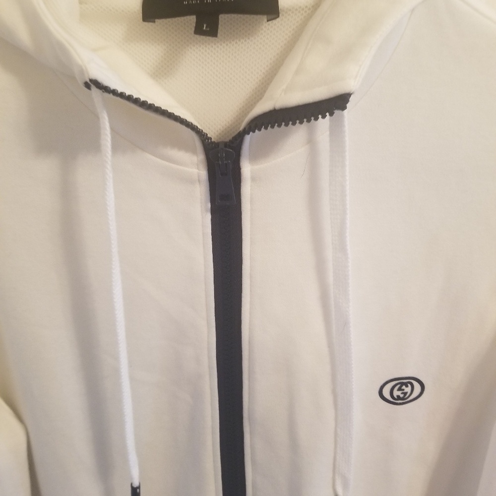 Mens white gucci zip up hoddie.